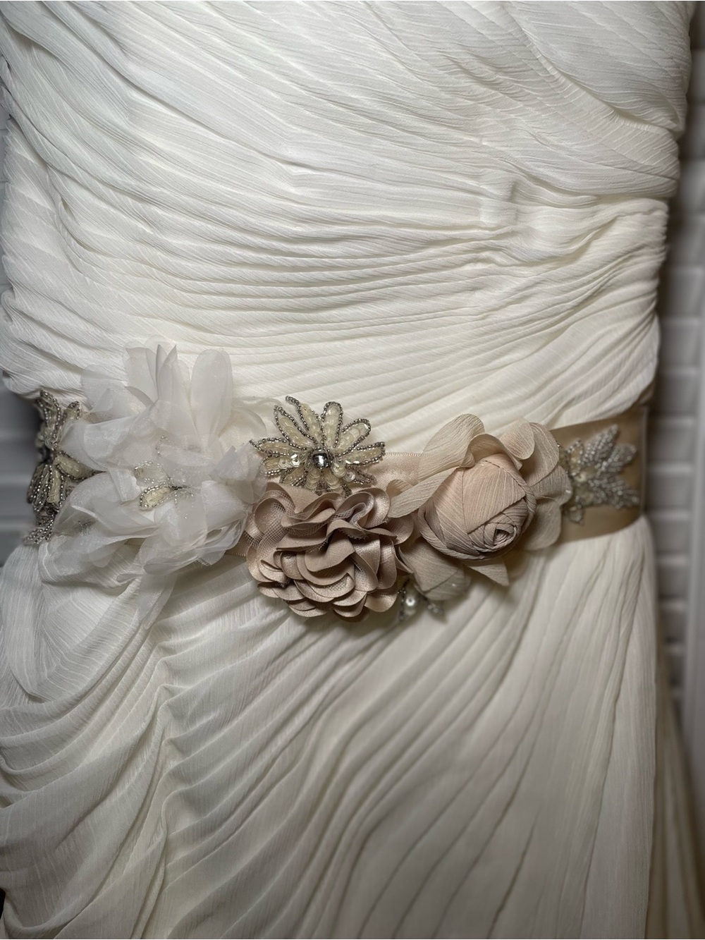 Strapless Ivory Wedding Gown with Floral Sash